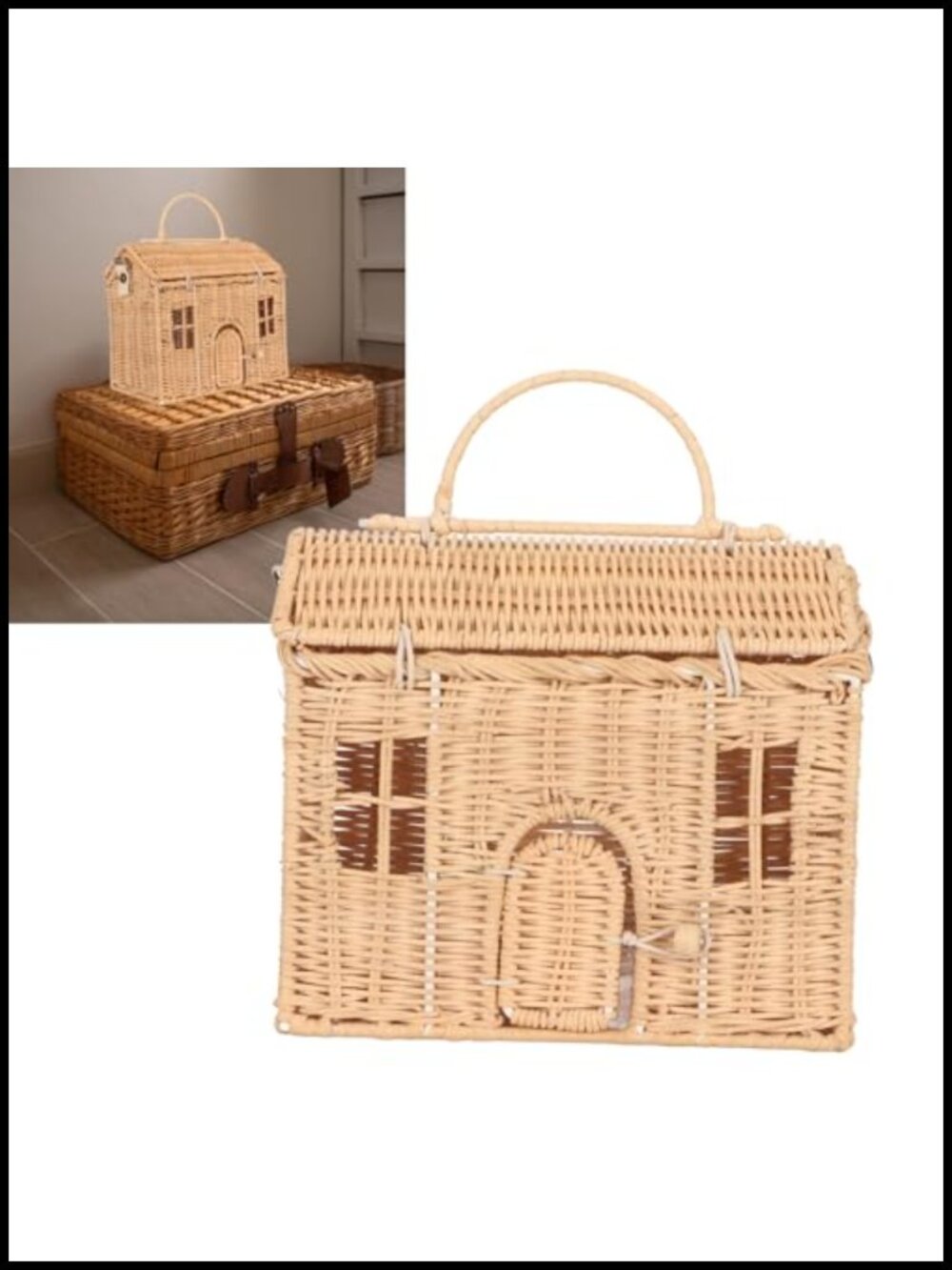 Handwoven Rattan Bag House Shape Large Capacity Shoulder Strap Beach Travel - Picture 4 of 6